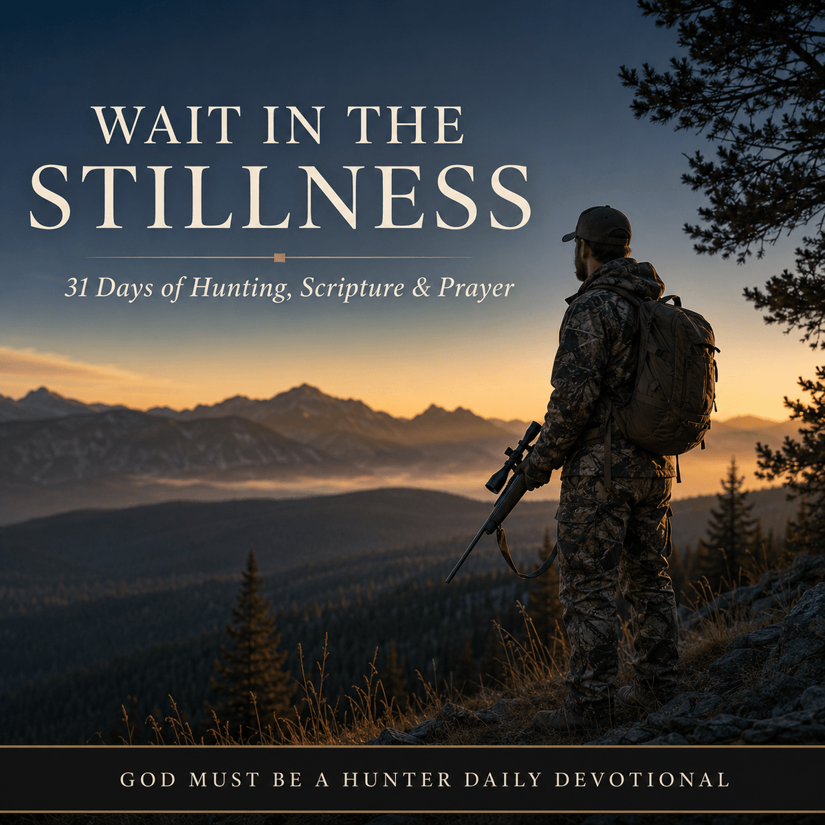 Cover of Wait in the Stillness daily devotional featuring a hunter overlooking mountains at dawn.